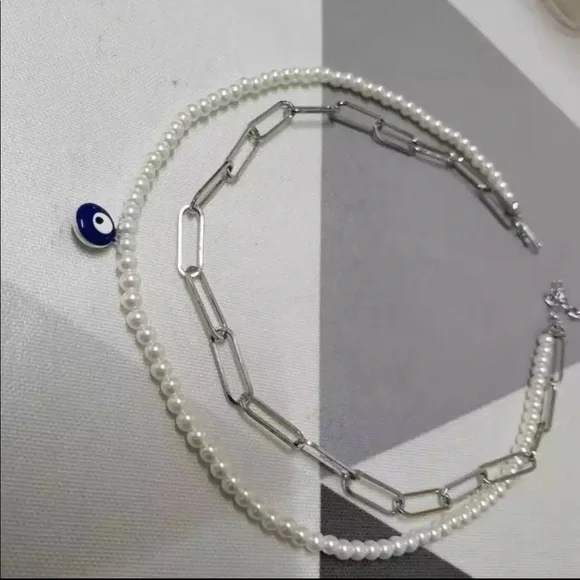 18k Gold Filled Evil Eye and Pearl Layered Choker Necklace - Picture 2 of 3